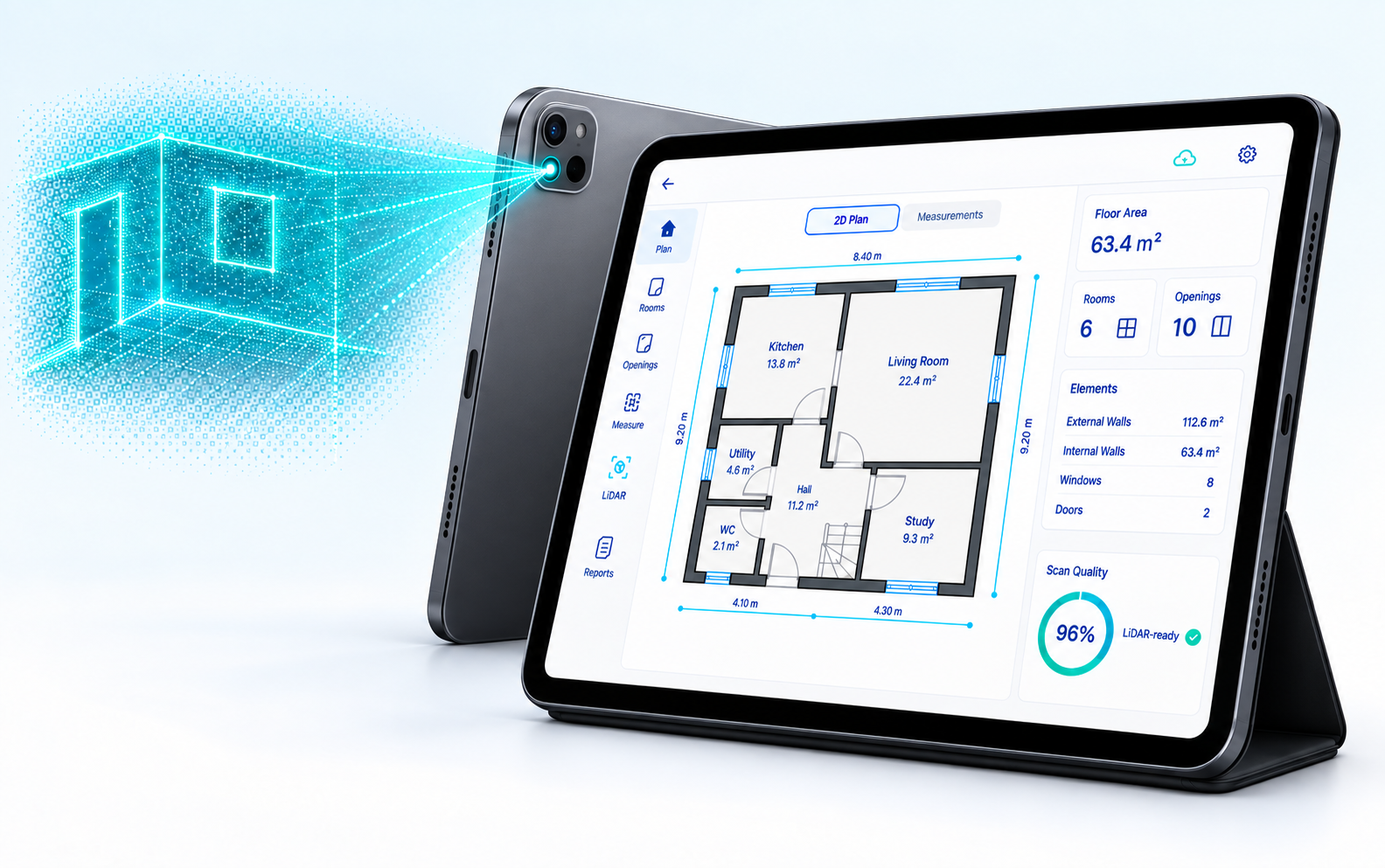 BER PRO 3D floor-plan preview on an iPad Pro beside a rear view showing LiDAR-assisted room capture